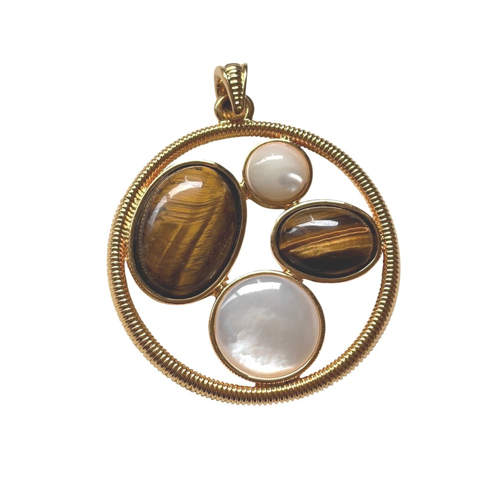 Joan Rivers Gold Tone Tigers Eye Mother of Pearl Round Statement Pendant